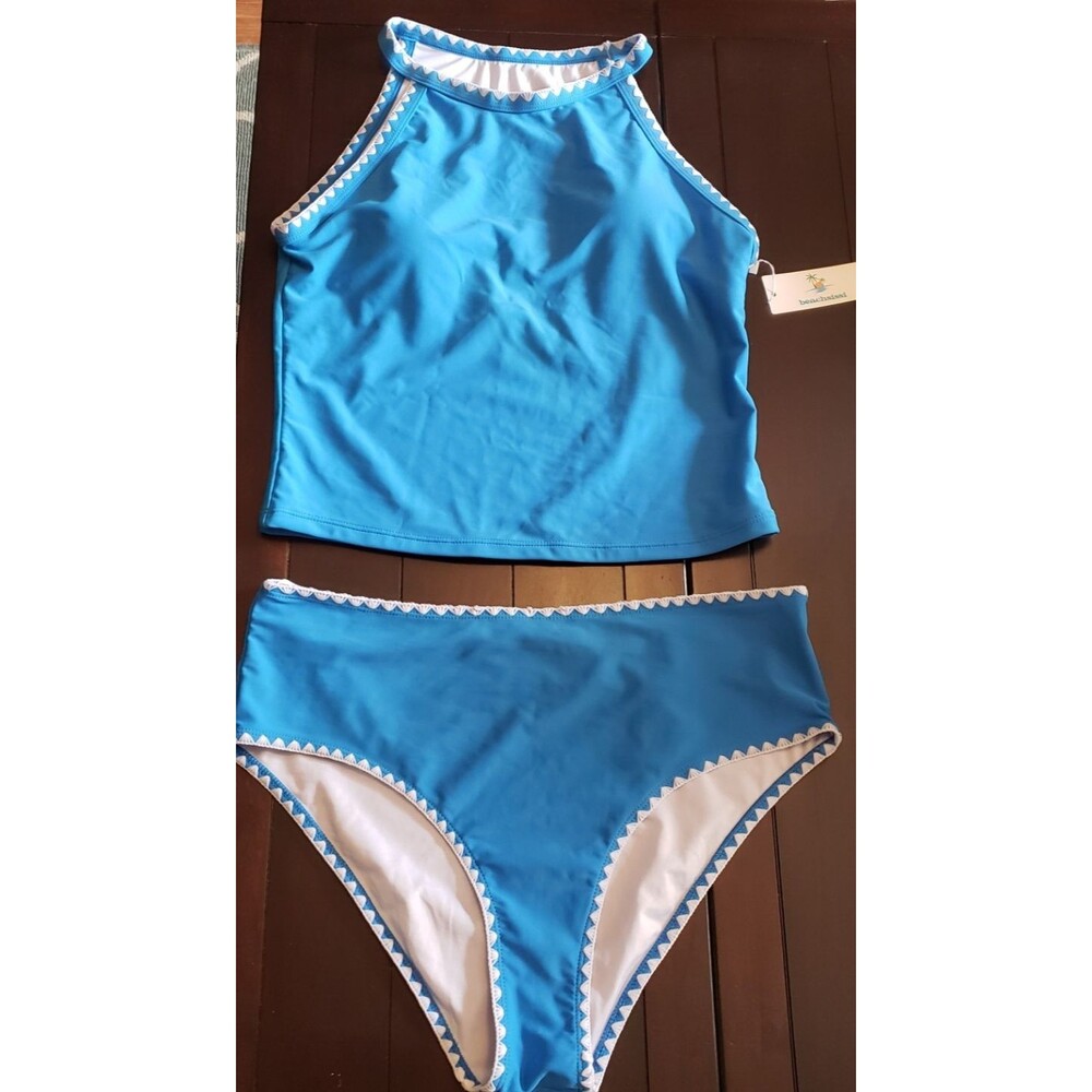 Women's Beachsissi Two Piece Ocean Blue Built in Bra Bathing Suit Beach L NWT